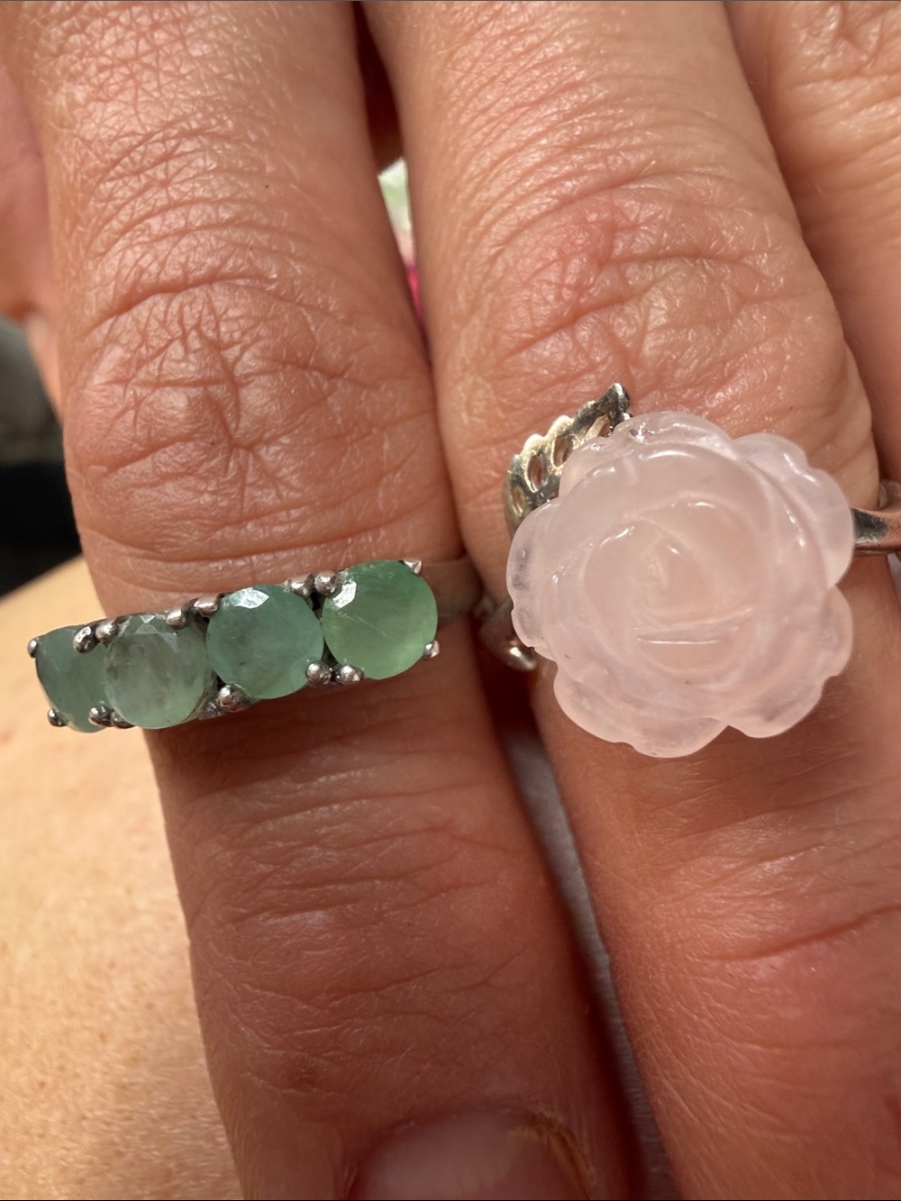 ✨ Vintage Elegance: Curated Rose Quartz & Natural Emerald Ring Set 925 sz 7